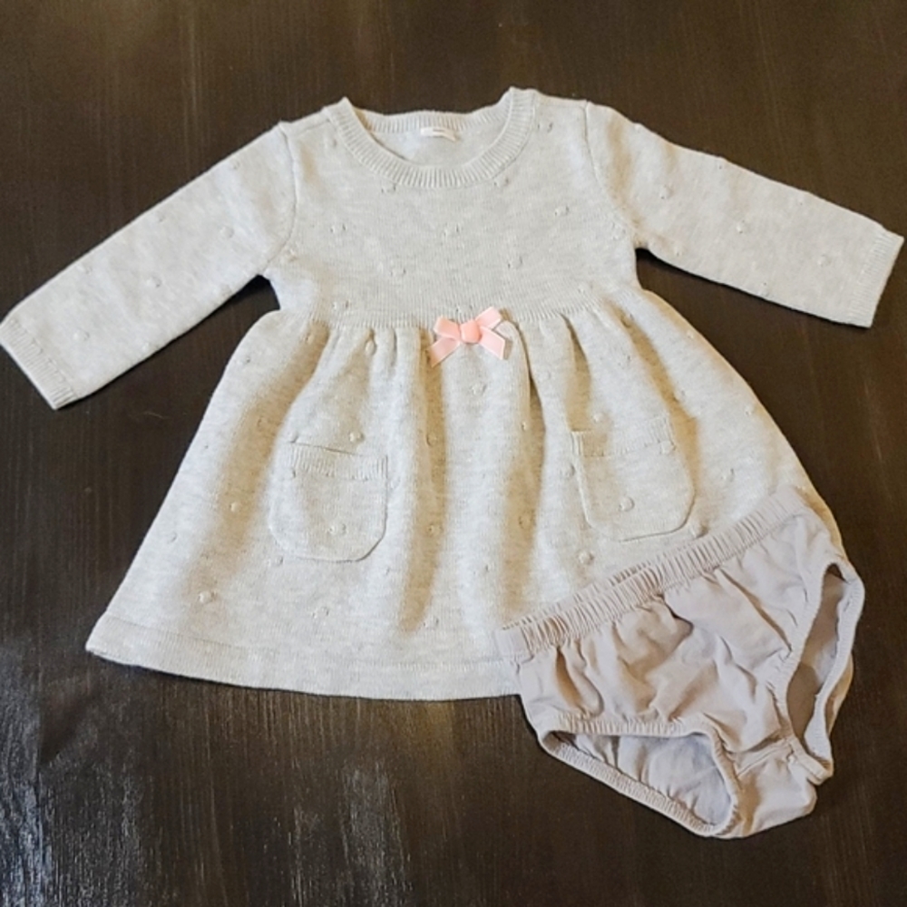 Baby knit sweater dress, soft grey sweater dress set, Size 3-6 months